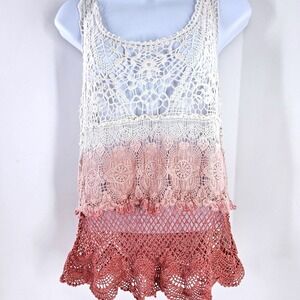 American Eagle Top Crochet Lace Ombre Tank Cream Pink Shirt Boho Hippie Med Knit